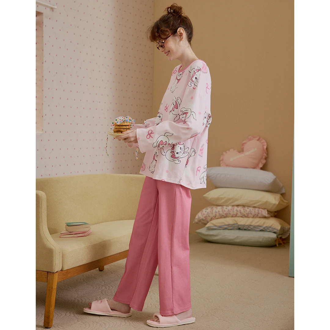 Gukoo/果壳迪士尼玛丽猫联名印花圆领宽松套头家居服套装甜美