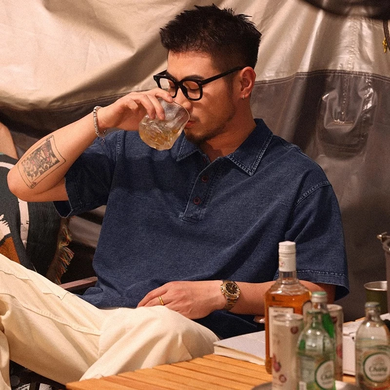 牛仔Polo衫男短袖夏季新款透气宽松大码美式重磅男士翻领T恤半袖