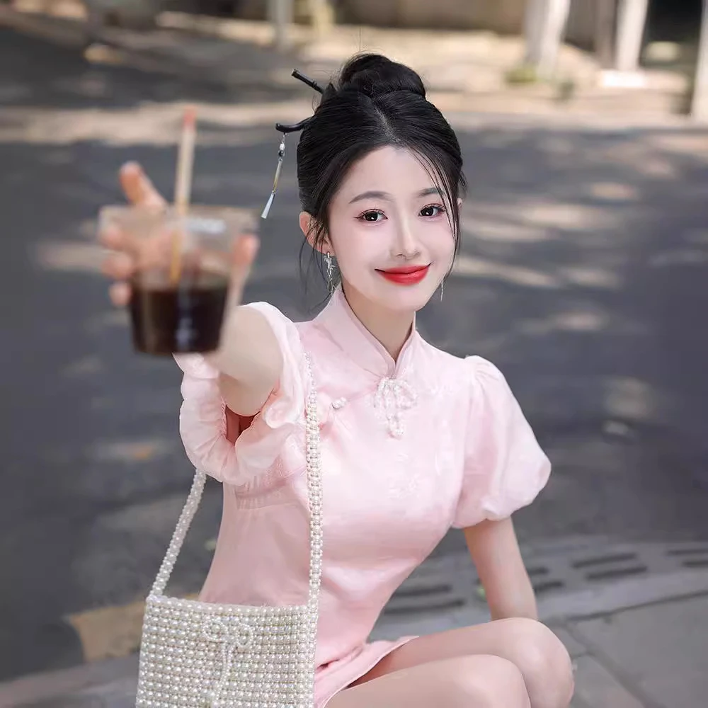 粉色旗袍改良年轻款少女小个子新中式日常可穿连衣裙2024新款夏季