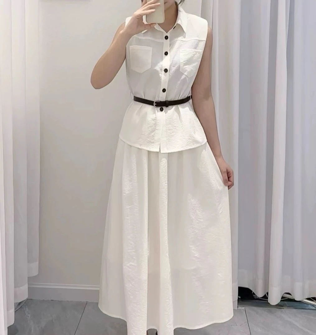 2025夏季新款时尚气质显瘦无袖衬衫女收腰显瘦半身裙两件套套装