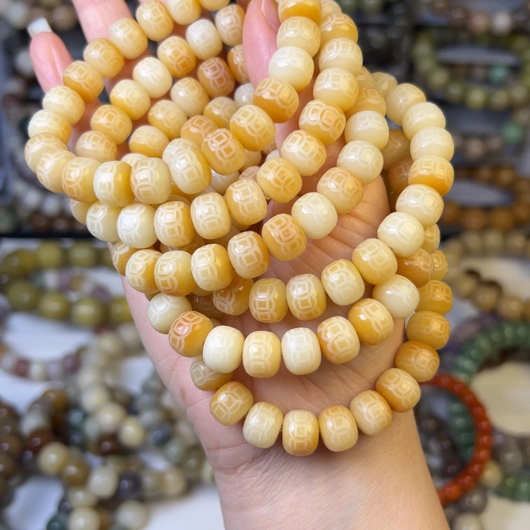 菩提根/象牙果手串碳烤小钱币桶珠卡10