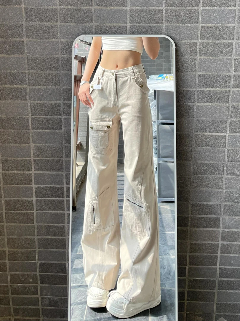 微胖mm高腰多口袋微喇拖地牛仔裤女夏季新款设计感垂感直筒工装裤
