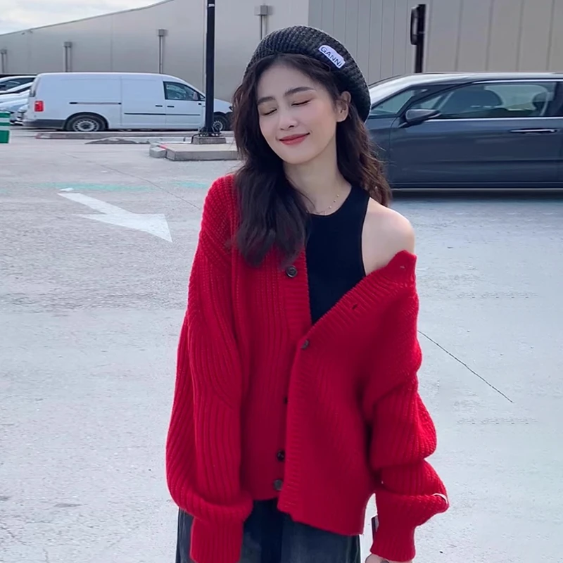 白鹿同款新年战袍红色针织开衫毛衣外套2024秋冬慵懒风宽松上衣女