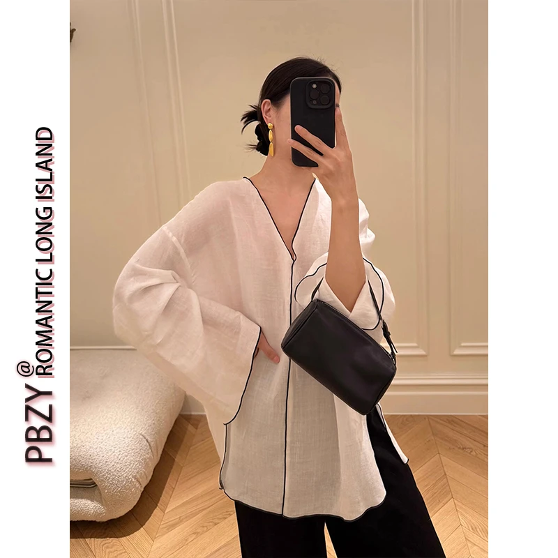 『PBZY CLUB』浪漫法式_撞色拼条侧开叉防晒衬衫V领宽袖上衣女9097#