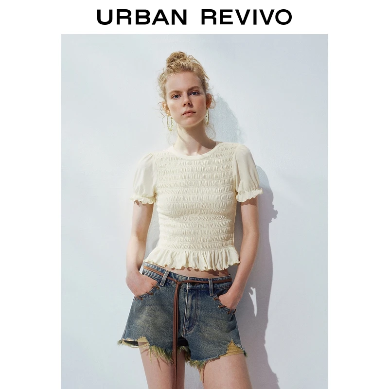 UR2025夏季新款女装时尚氛围感肌理褶皱修身短袖T恤UYL450186