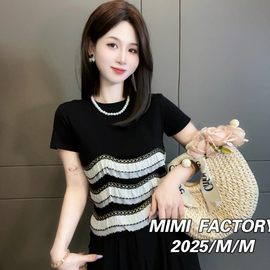 XY2025新款短袖 重工蕾丝拼接T恤女洋气修身显瘦时尚上衣3868#