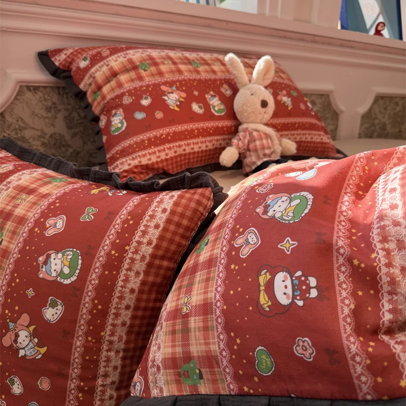 易安阁ins贺岁款皱皱花边双层纱小猫咪红全棉四件套1.5m1.8三件套