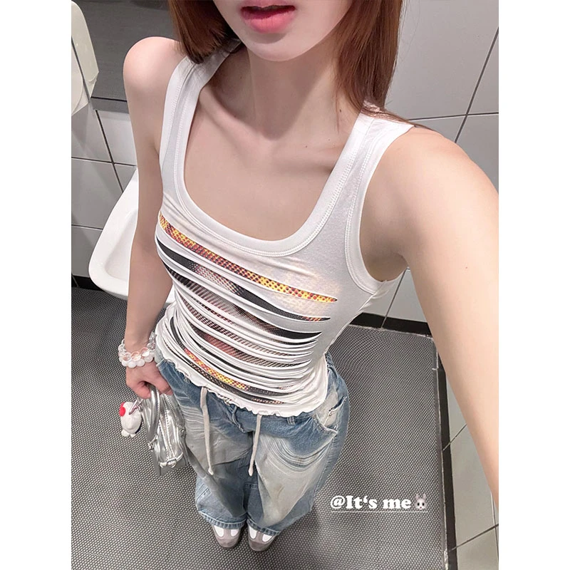 美式复古不规则机车猫印花工字背心女百搭设计感无袖吊带辣妹上衣