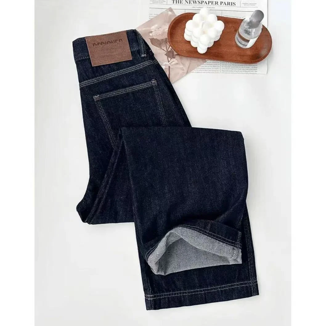 丹宁蓝三本针阔腿牛仔裤女士2025新款显瘦高腰休闲裤窄版直筒裤