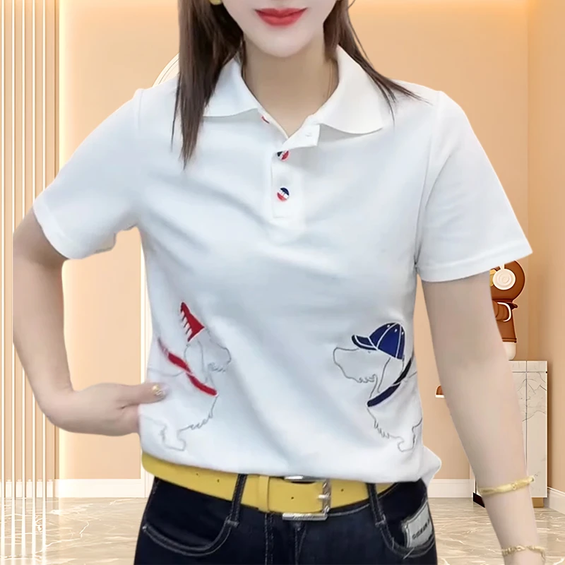 纯棉出游服装女小狗印花POLO领2025夏季显瘦时尚休闲百搭短袖T恤