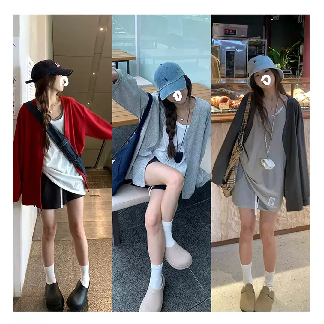 纯色开衫外套休闲新款韩版宽松V领长袖针织衫女百搭kk-08464