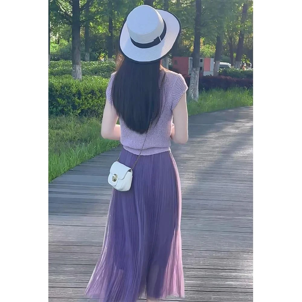 夏装盐系搭配一整套名媛女装高端气质女神范漂亮紫色半身纱裙套装