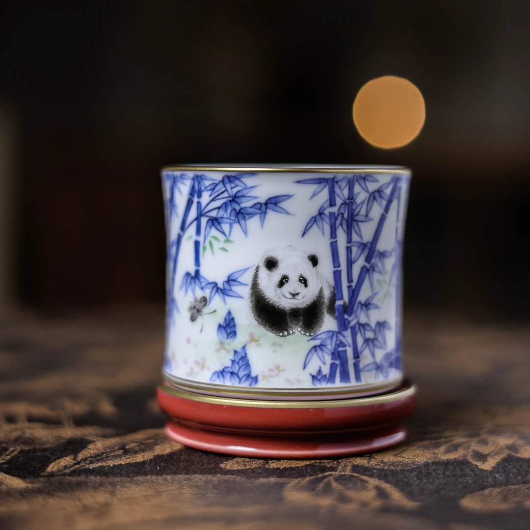 【陶珊居】玫瑰红竹子熊猫转转套杯（华隐S0877）