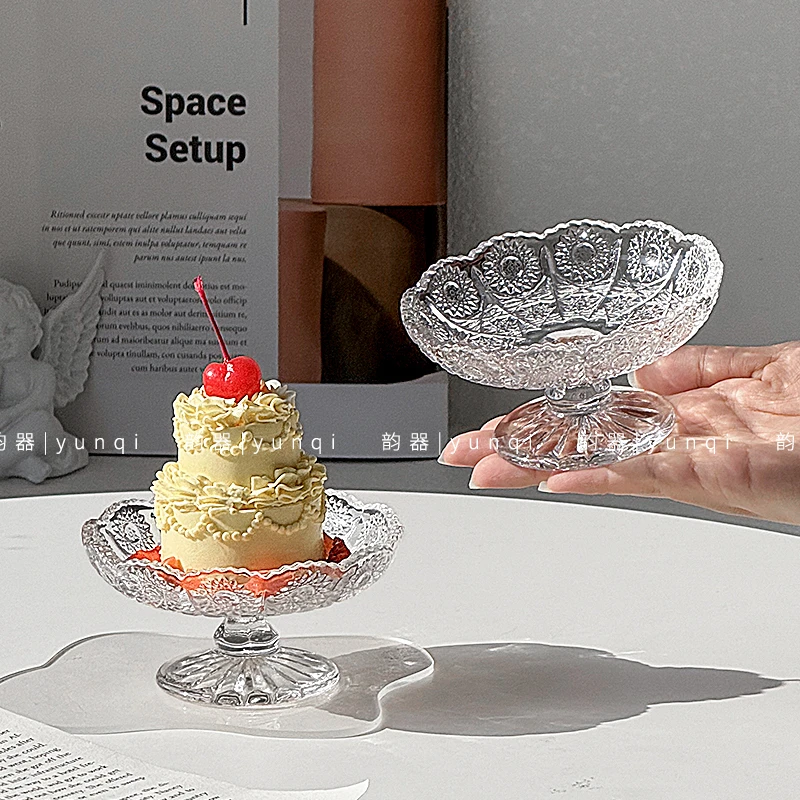 韵器ins风玻璃盘子高颜值果盘零食盘浮雕矮脚雪糕盘甜品碟茶点碟