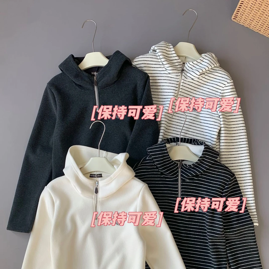 （杜思蒙服饰）-D9119-【坠雪释诀】韩系设计感条纹加绒长袖连帽卫衣