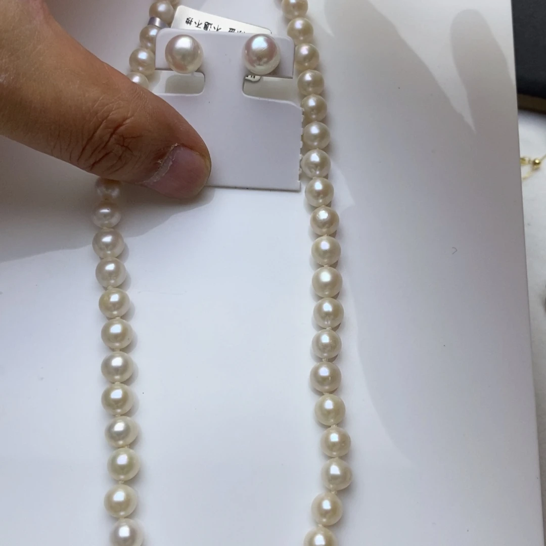 淡水珍珠项链银S925镶嵌7-8mm无核珍珠项链送耳钉