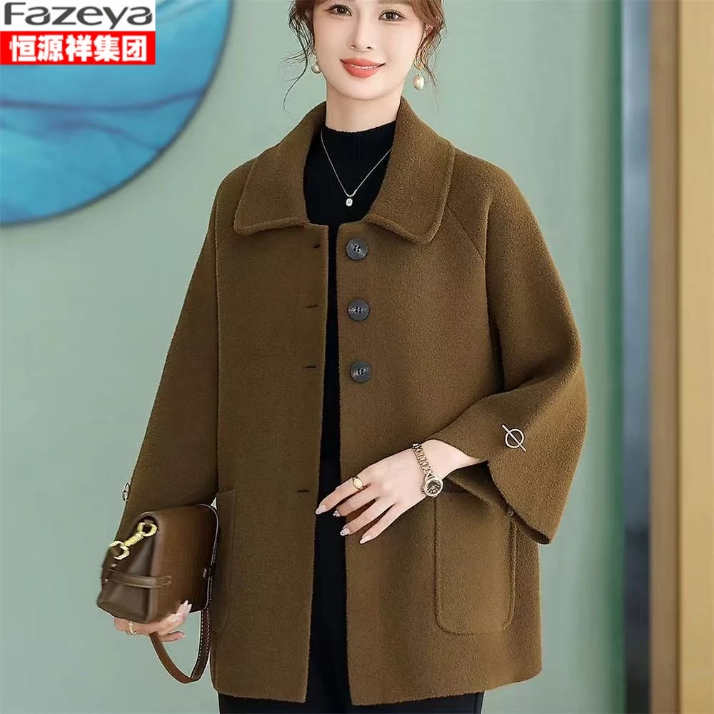 恒源祥集团彩羊妈妈秋装毛呢外套时尚中年加肥加大码女秋冬洋气高