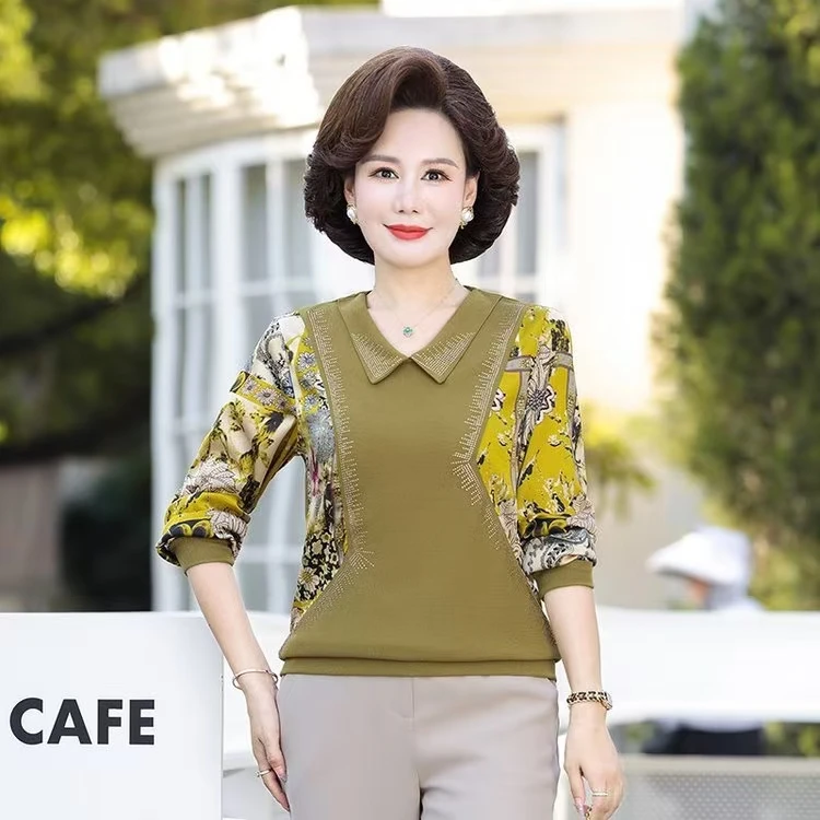 春秋季新款中年妈妈装显瘦翻领烫钻上衣女遮肉气质时尚洋气打底衫
