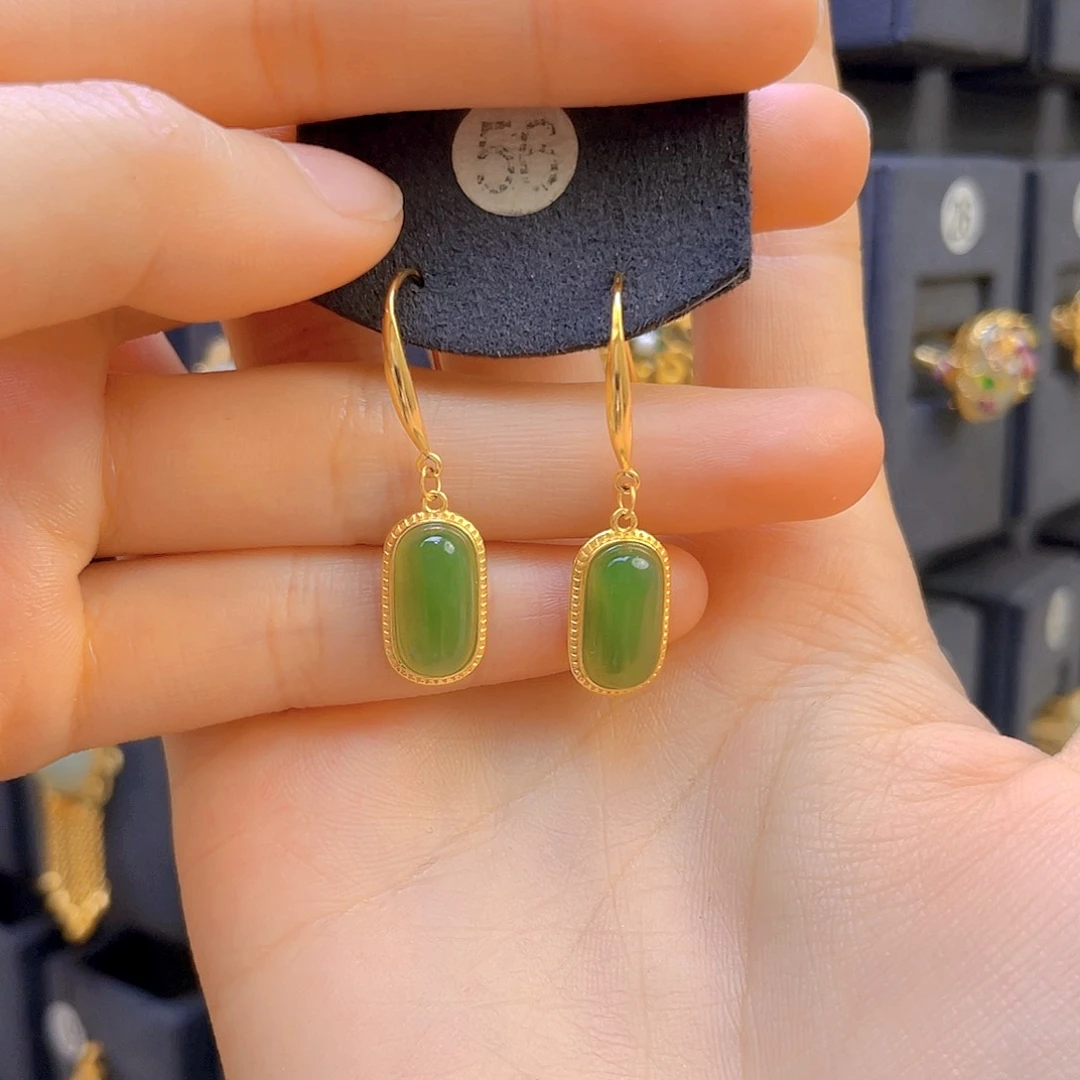 和田玉耳饰银S925镀金镶嵌