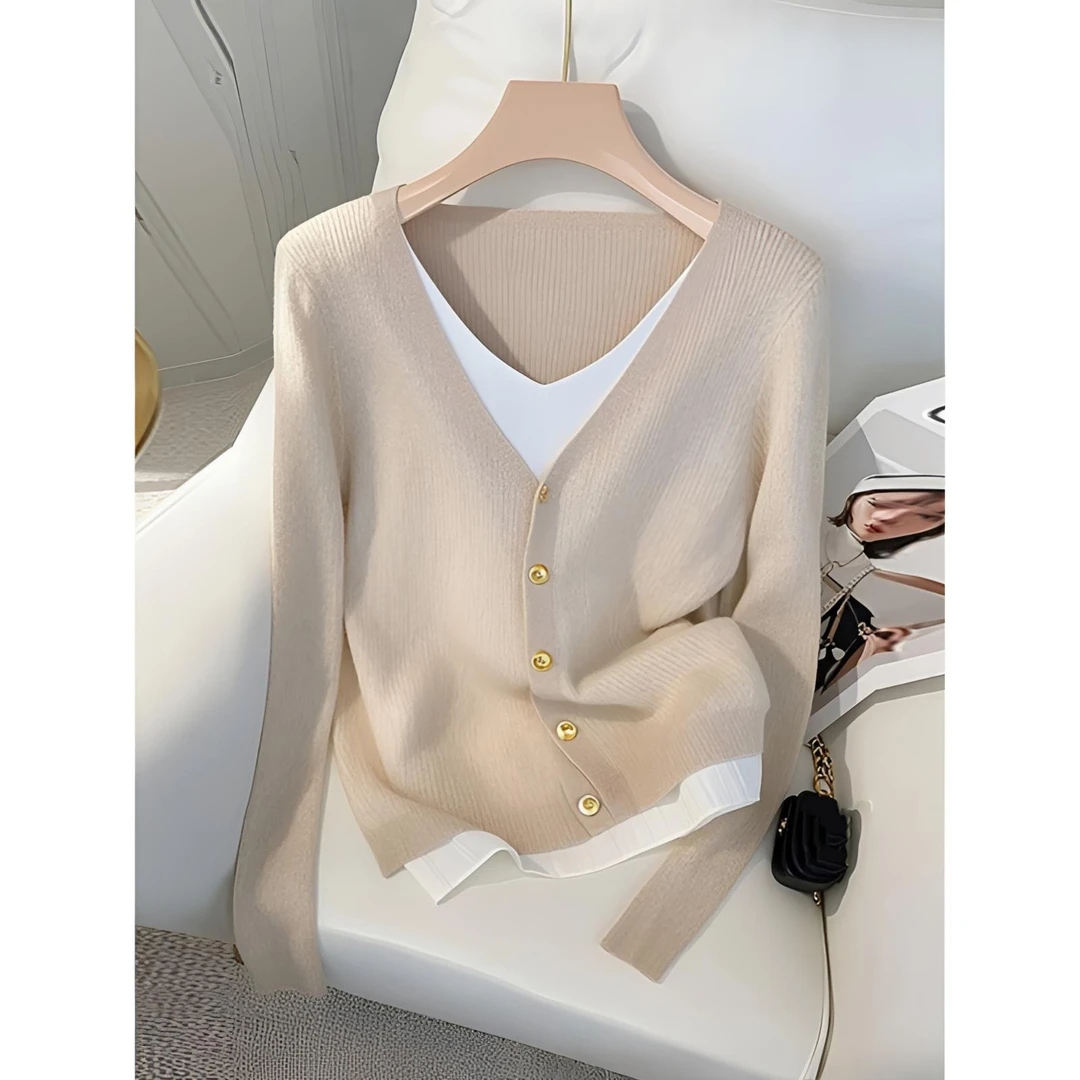 早秋衣服小个子穿搭杏色假两件针织衫女长袖慵懒风服饰秋上新上衣