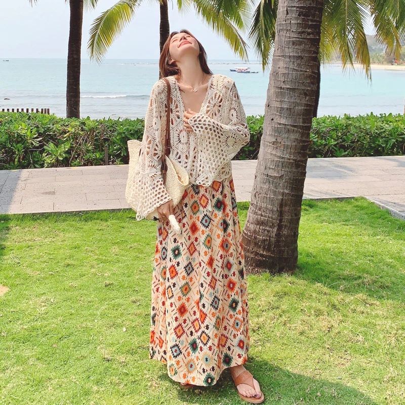 海边度假风镂空开衫印花吊带裙套装2025女夏新款超仙氛围感两件套