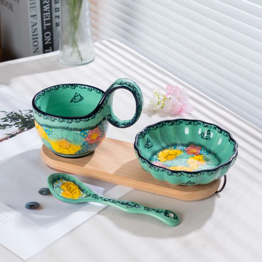 楼兰 新疆包邮【碧海苍田】家用釉下彩曲把杯三件套