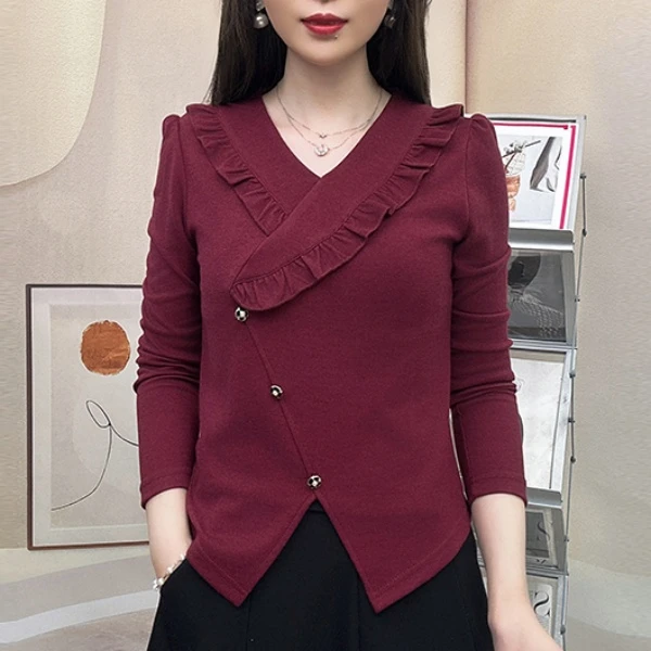 2025春季新款荷叶边长袖打底春秋薄款不规则洋气显瘦遮肉上衣小衫