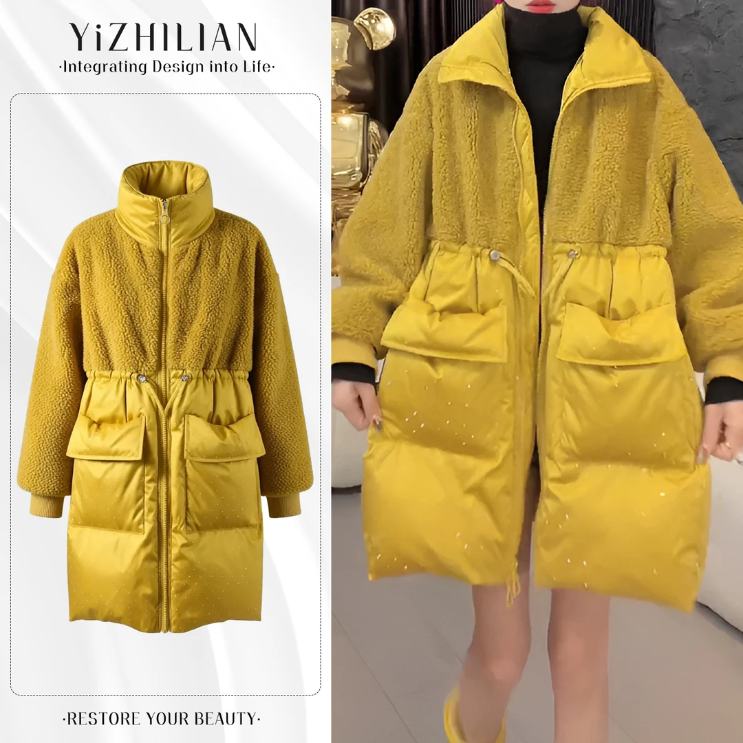 2025冬季新款时尚拼接毛毛棉服宽松保暖百搭保暖加厚中长款外套女