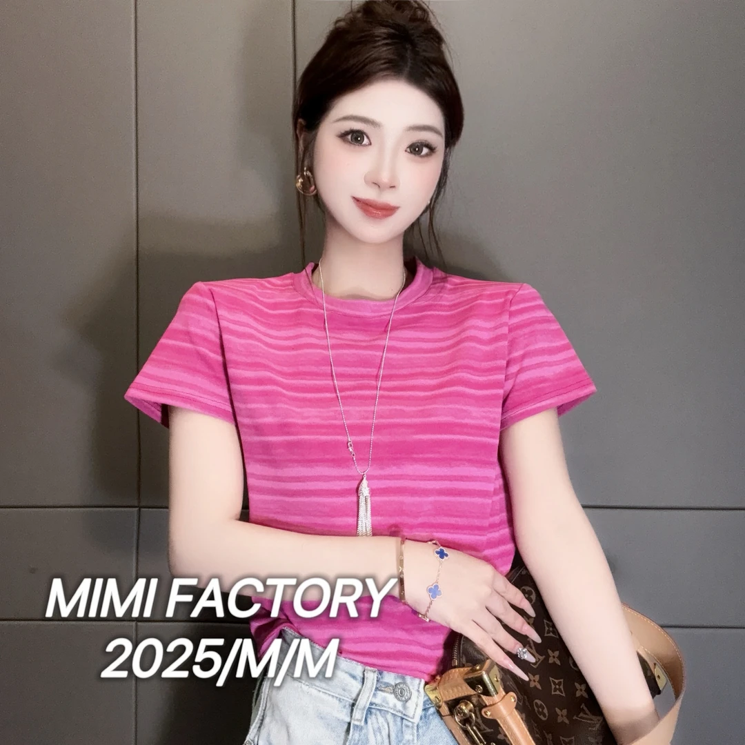 2025夏季新款 欧货扎染条纹短袖T恤女修身显瘦时尚百搭5058#