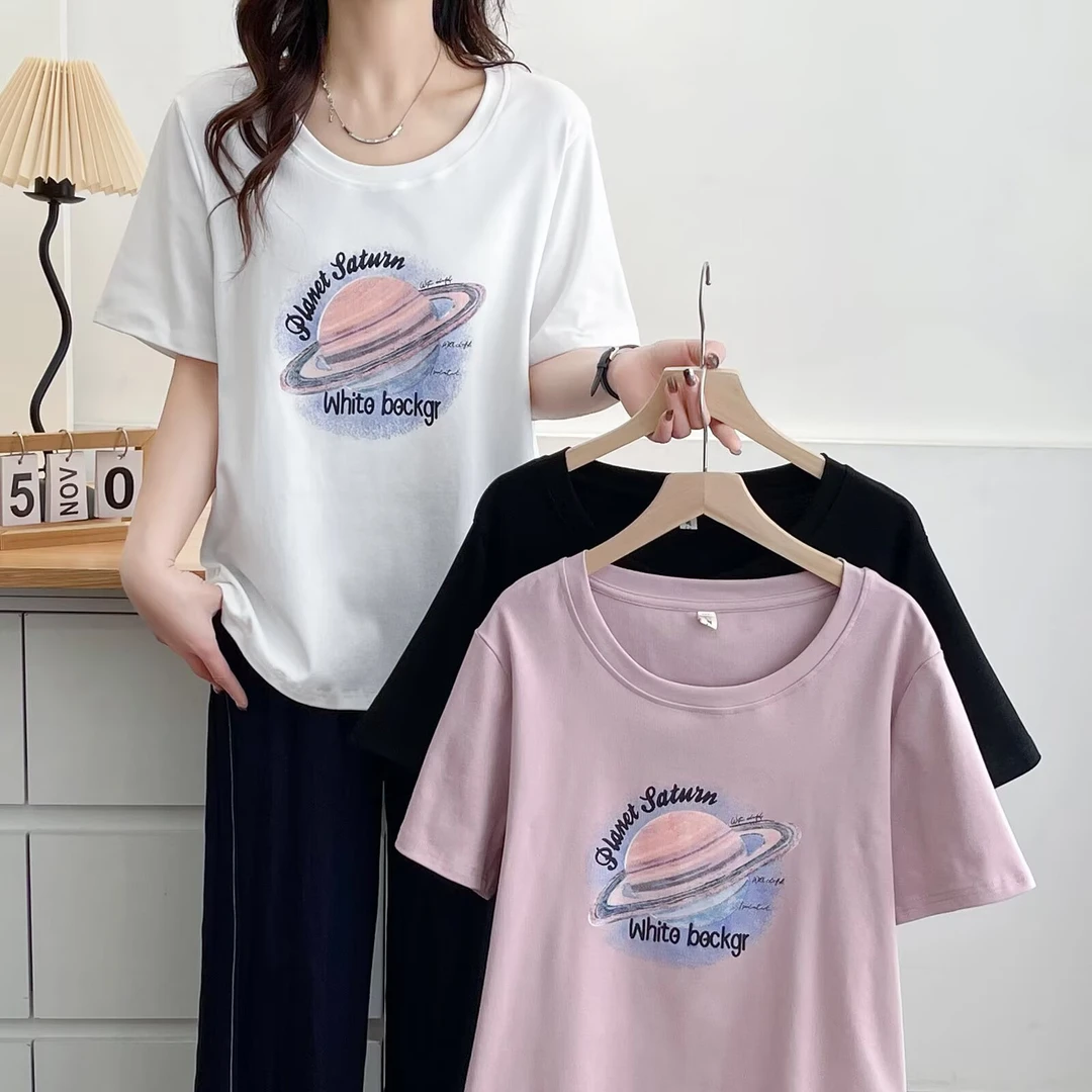 大码设计感欧货时髦印花正肩百搭显瘦上衣体恤女2025春季新款短袖