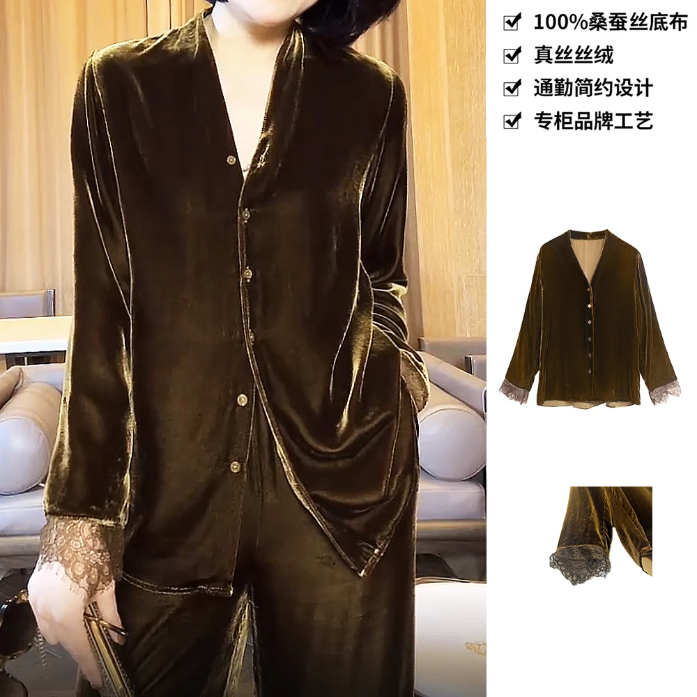 100桑蚕丝丝绒开衫排口通勤百搭花边袖真丝衬衣丝绒衬衫上衣CYA12