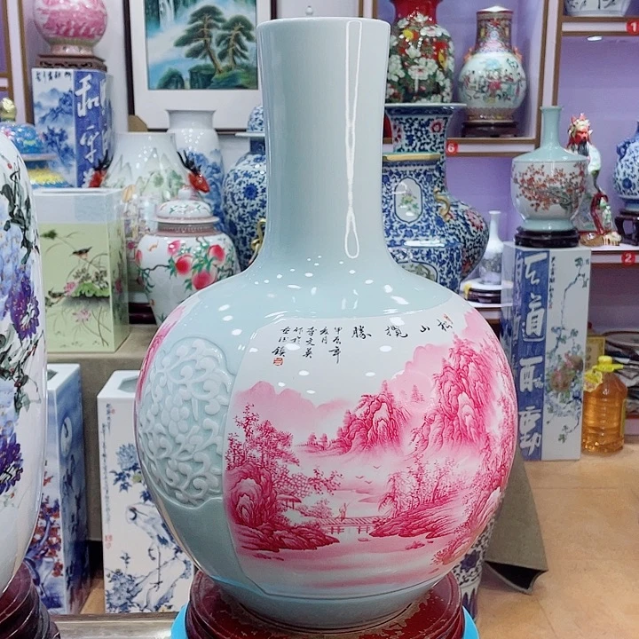 无***为花瓶全手工双面画宝石红山水天球瓶