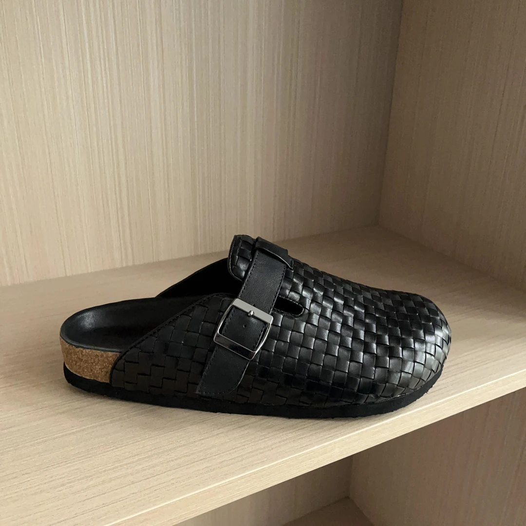 胎牛皮编织勃肯鞋男士足弓支撑穆勒鞋25休闲男士包头拖鞋街拍欧美
