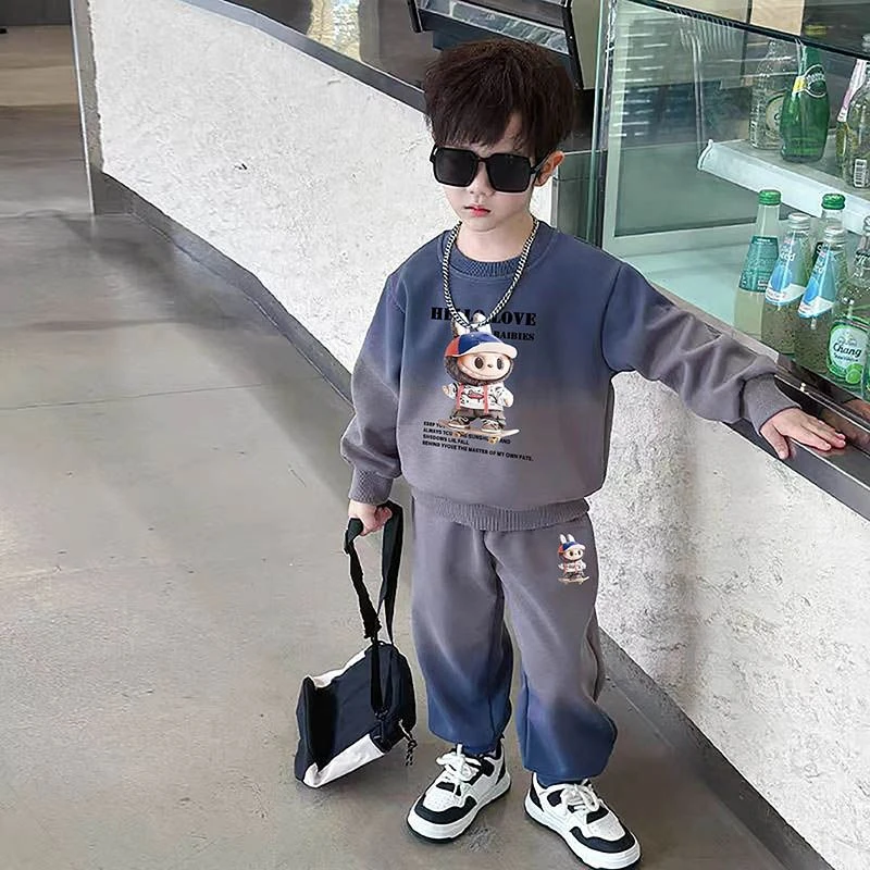 男童中小童渐变撞色休闲套装时髦洋气春秋薄款卡通印花儿童两件套
