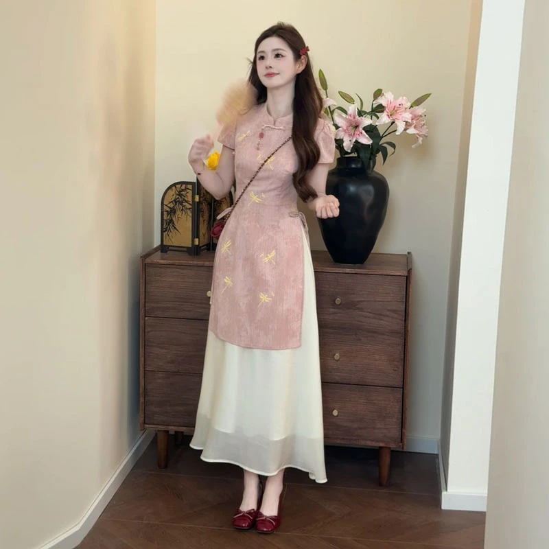 新中式连衣裙女2025夏季新款改良旗袍裙小个子收腰修身国风长裙子