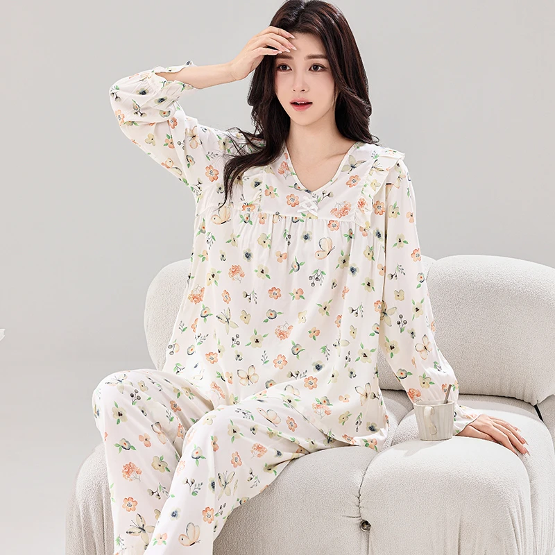 长袖棉绸睡衣女春夏季甜美少女家居服套装可外穿公主风套装薄大码