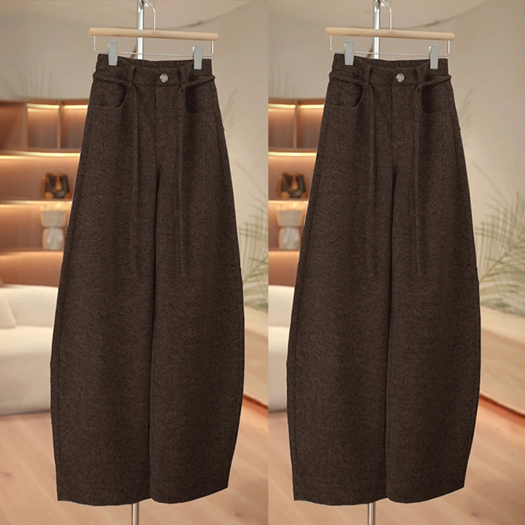 乌木棕羊毛呢弯刀裤女休闲裤子2025秋冬季新款加厚保暖宽松阔腿裤