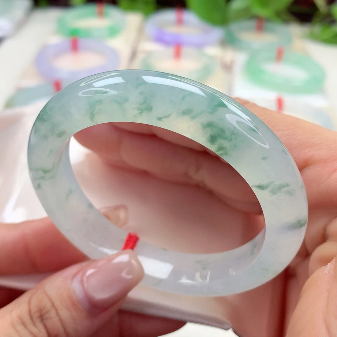 未镶嵌手镯翡翠53.3白冰绿花 起荧光 小柒强推