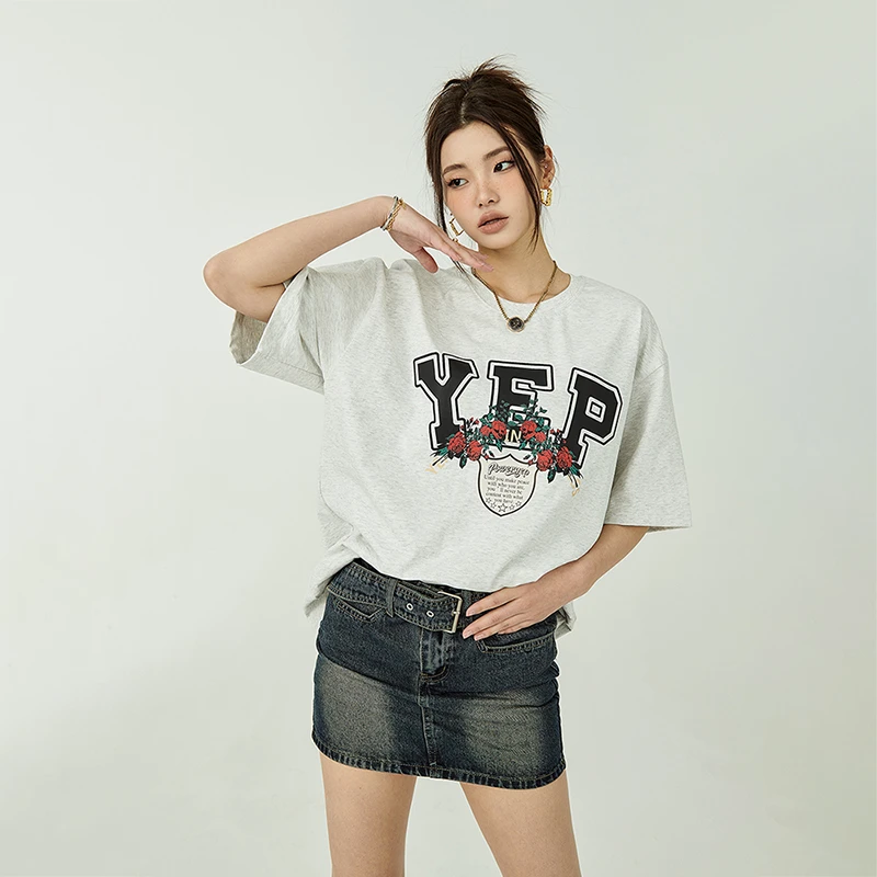 美式复古字母印花短袖t恤女夏季2025新款宽松简约情侣装半袖上衣