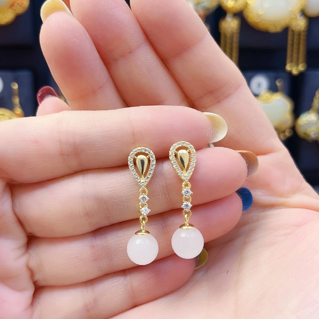 和田玉银S925镀金镶嵌耳饰