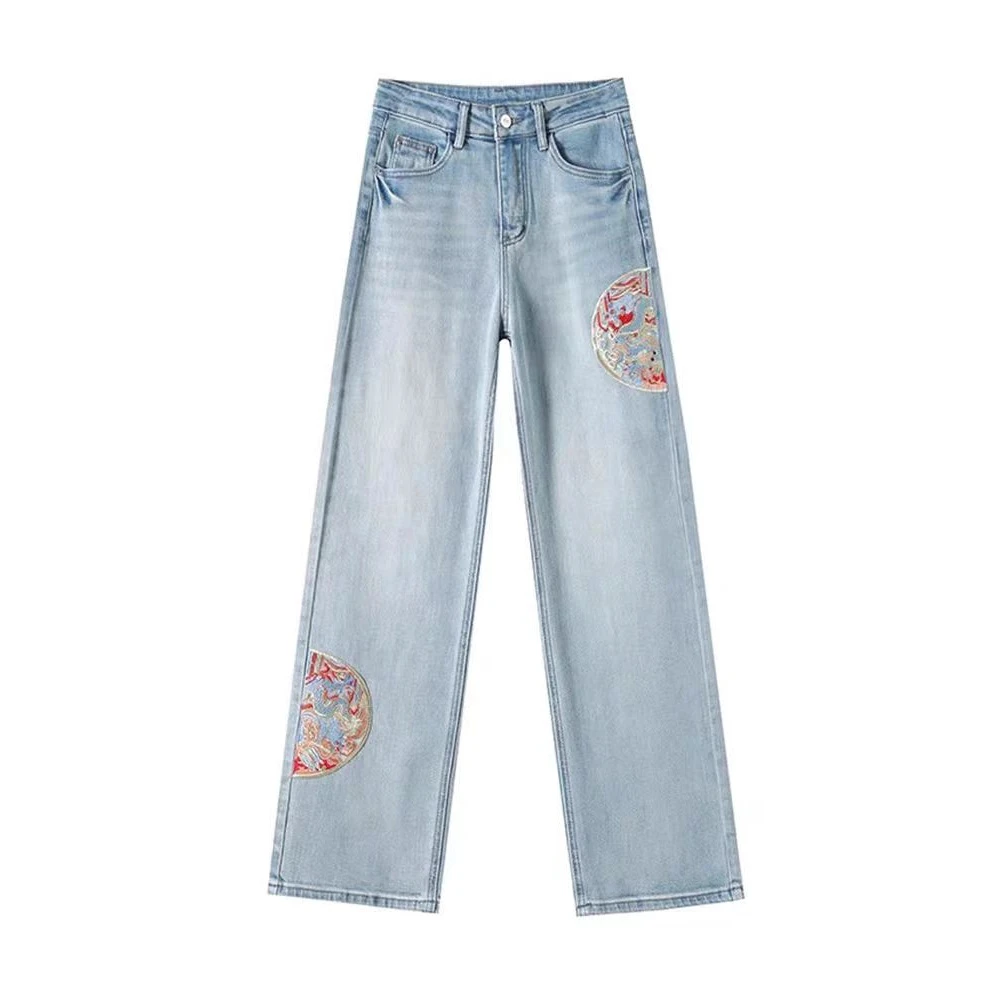 A55新中式牛仔阔腿裤女2024年春秋季新款高腰宽松直筒拖地裤