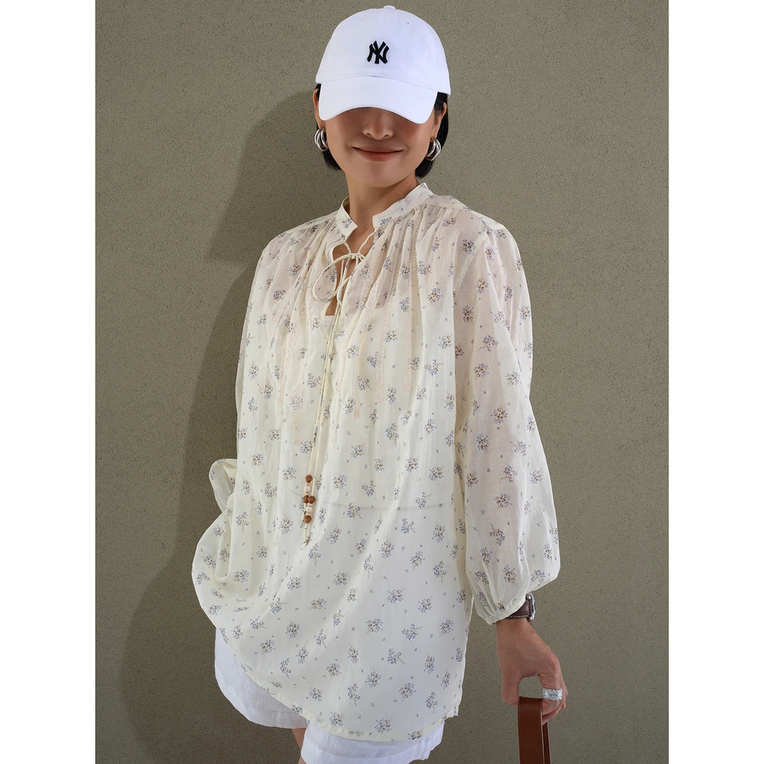 轻柔全棉 微透淡黄色小碎花法式上衣 女士灯笼袖宽松衬衫172101