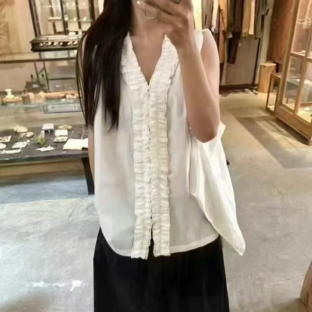 韩系2025夏季重工木耳边花瓣V领宽松慵懒正反两穿无袖背心衬衫