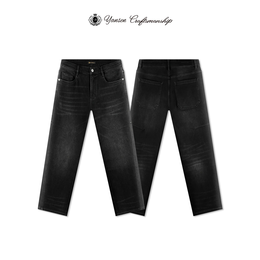 【黑标系列】做旧猫须水洗吊磨工艺深灰直筒牛仔裤