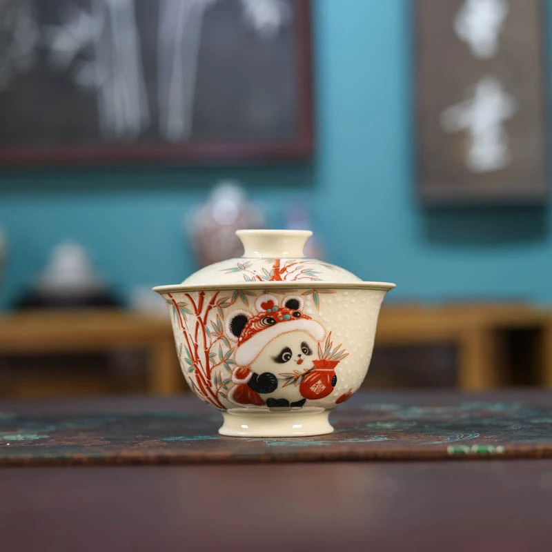 【非遗好物】立勤堂二号釉红绿彩熊猫雪景元宝盖碗新（HLC-GW-033）