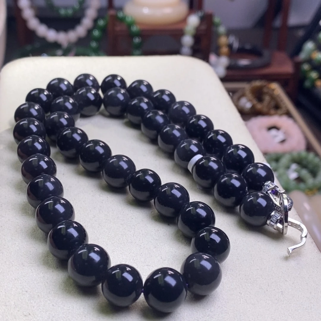 和田玉收藏烟紫帝王紫老料圆珠项链12m未镶嵌