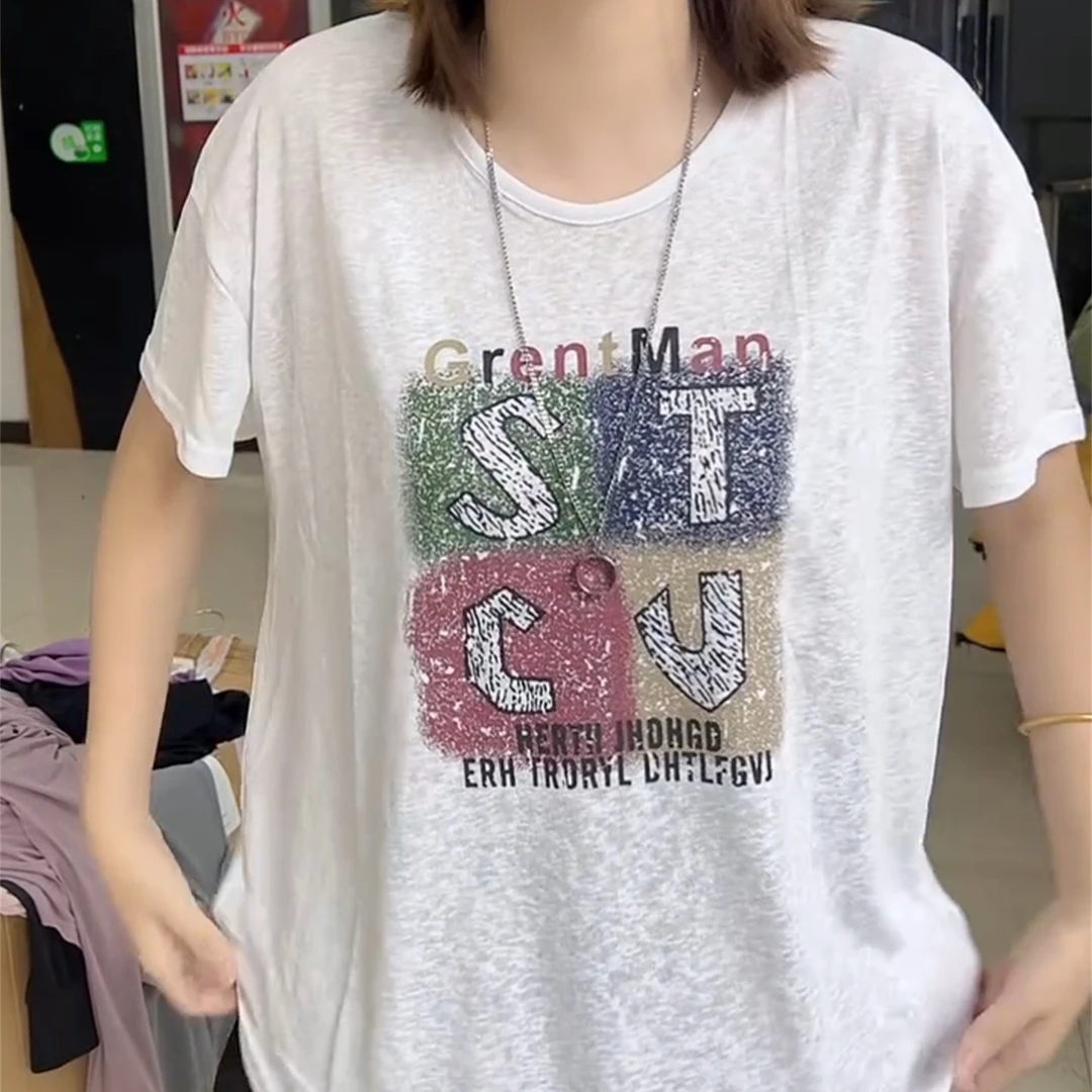 夏季爆款时尚休闲百搭显瘦字母印花上衣短袖圆领雪花棉宽松T恤潮