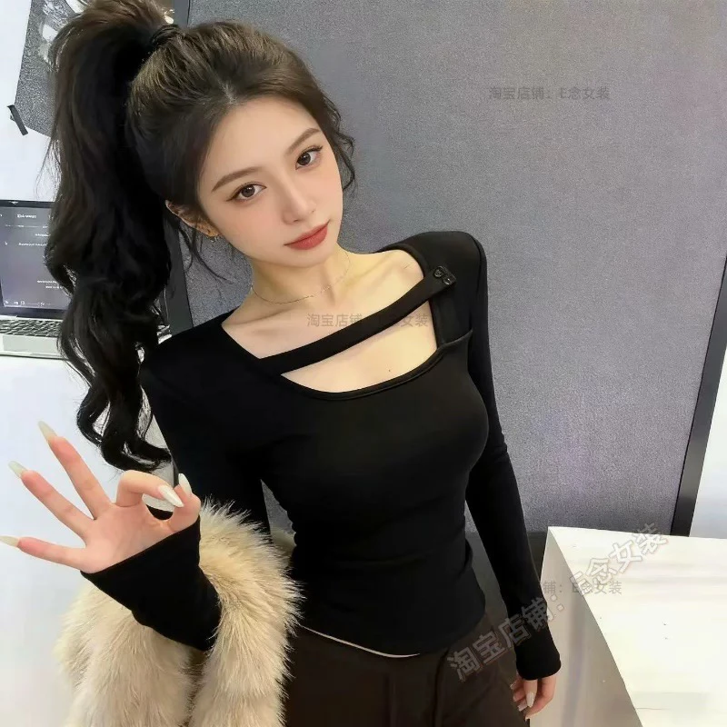 (番茄)加绒扣子斜肩打底8135