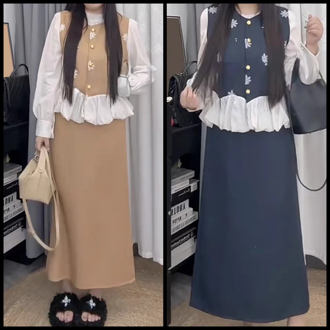 小香风拼接马甲半身裙花边领上衣胖mm显瘦宽松大码女装三件套1675