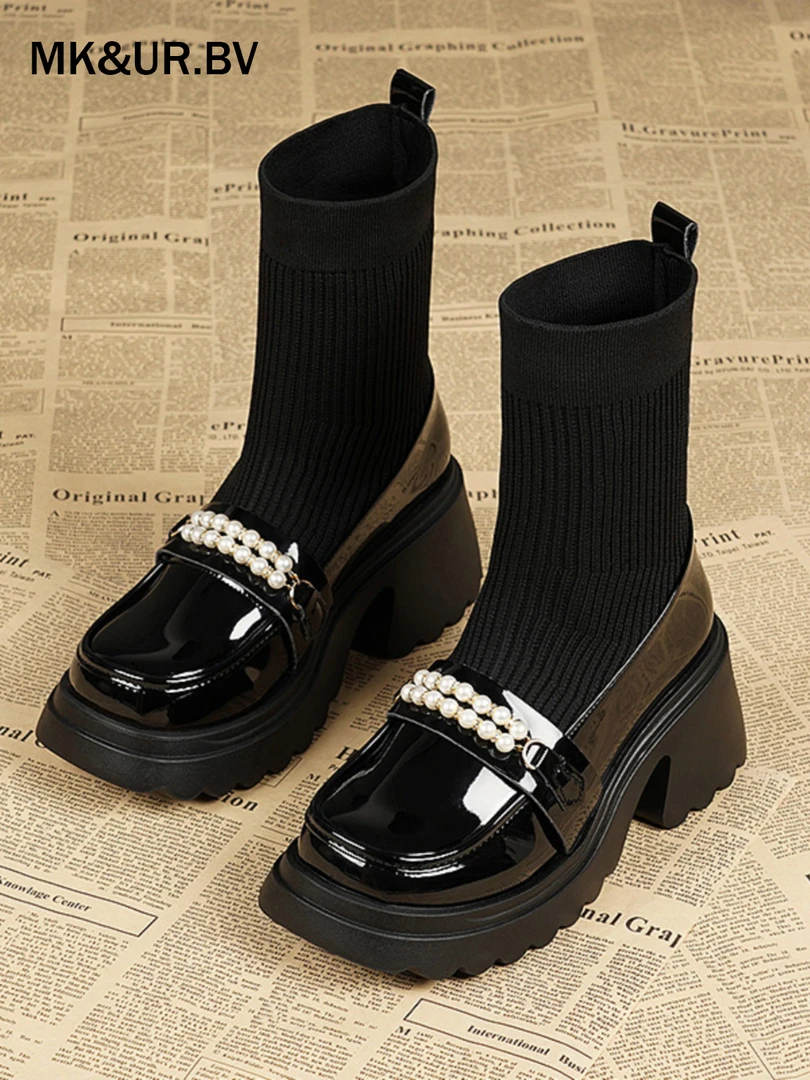 MK&UR.BV真皮漆皮短靴女2025秋冬款粗跟厚底马丁靴高跟弹力瘦瘦靴